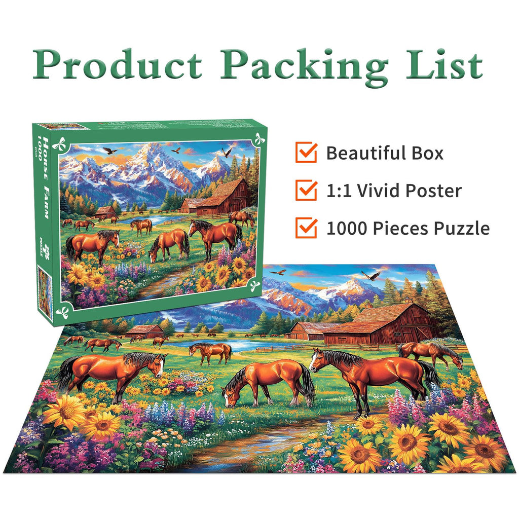 DKijoys 1000 Piece Horse Ranch Jigsaw Puzzle – Sunflowers Meadow Scene for Adults