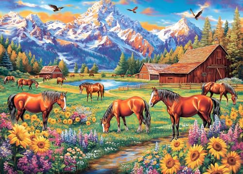 DKijoys 1000 Piece Horse Ranch Jigsaw Puzzle – Sunflowers Meadow Scene for Adults