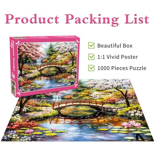 DKijoys 1000 Piece Jigsaw Puzzle for Adults – Japanese Garden with Cherry Trees and Water Lilies