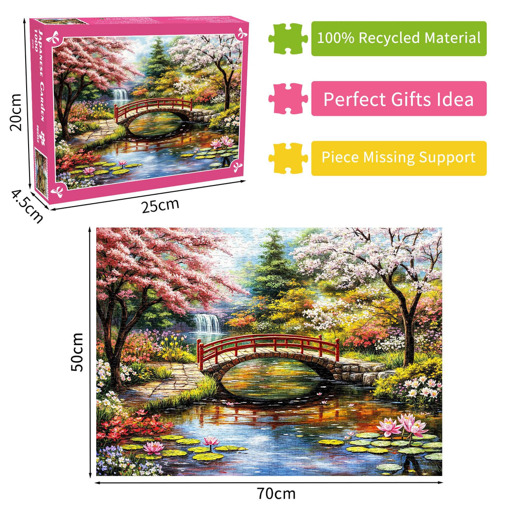 DKijoys 1000 Piece Jigsaw Puzzle for Adults – Japanese Garden with Cherry Trees and Water Lilies