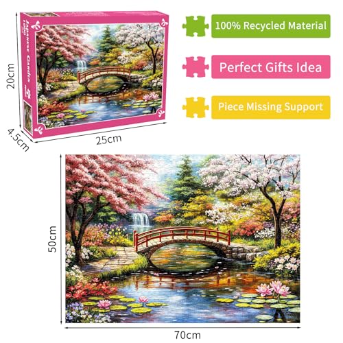 DKijoys 1000 Piece Jigsaw Puzzle for Adults – Japanese Garden with Cherry Trees and Water Lilies
