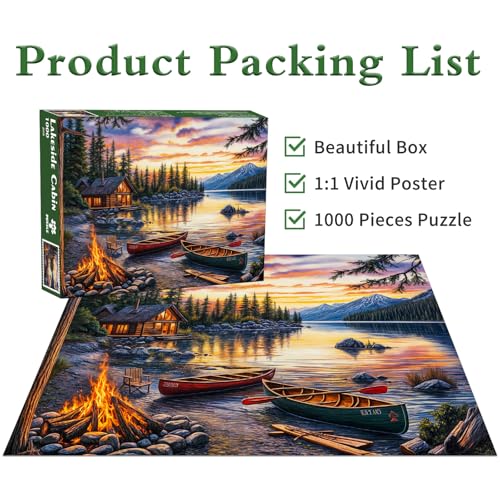 DKijoys Lakeside Cabin 1000 Piece Jigsaw Puzzle – Cozy Campfire Canoes
