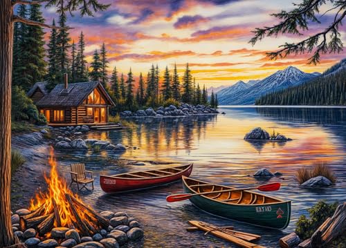 DKijoys Lakeside Cabin 1000 Piece Jigsaw Puzzle – Cozy Campfire Canoes