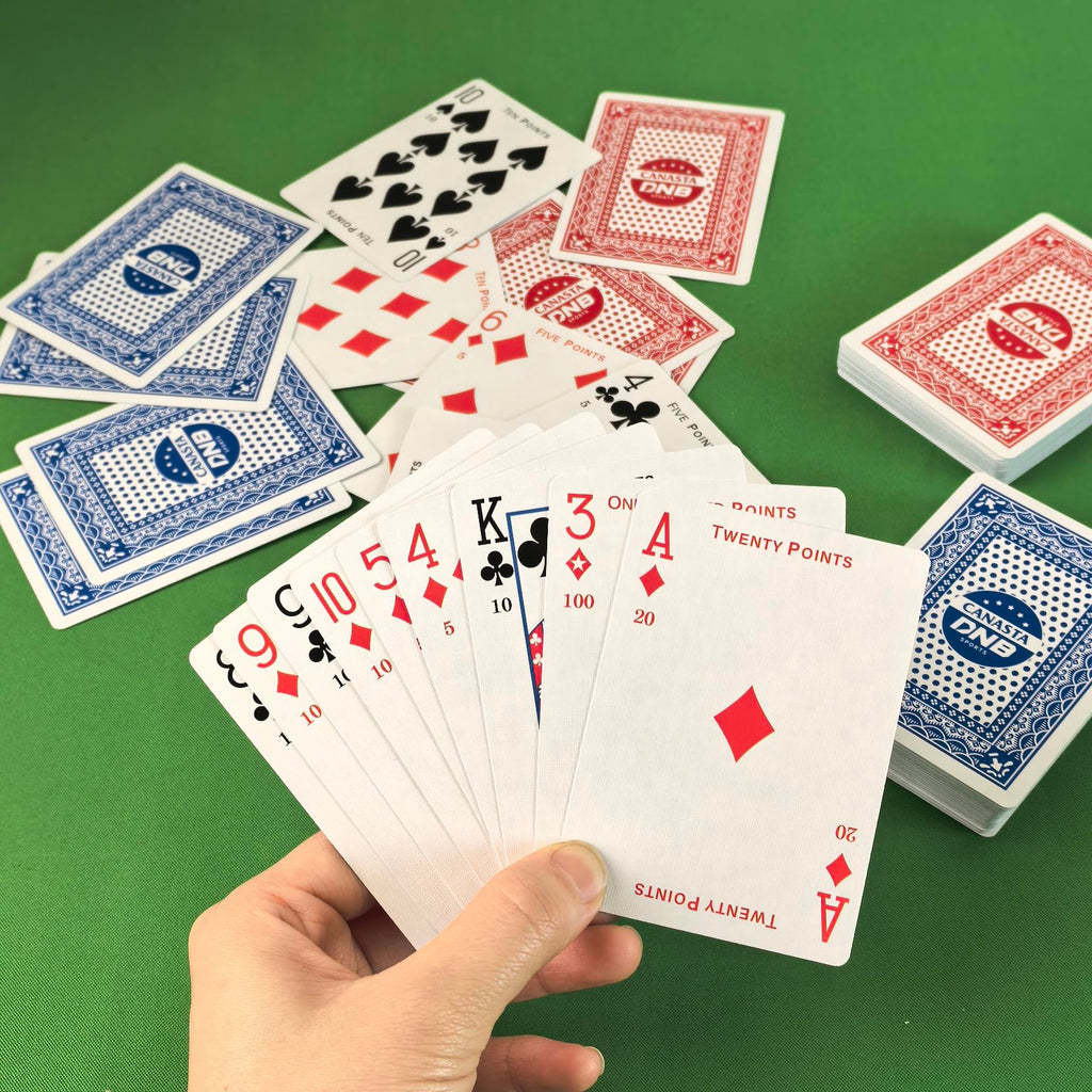 DNB 4-Deck Canasta Cards Set - Blue and Red Decks with Point Values, Canasta & Hand and Foot Rules Included