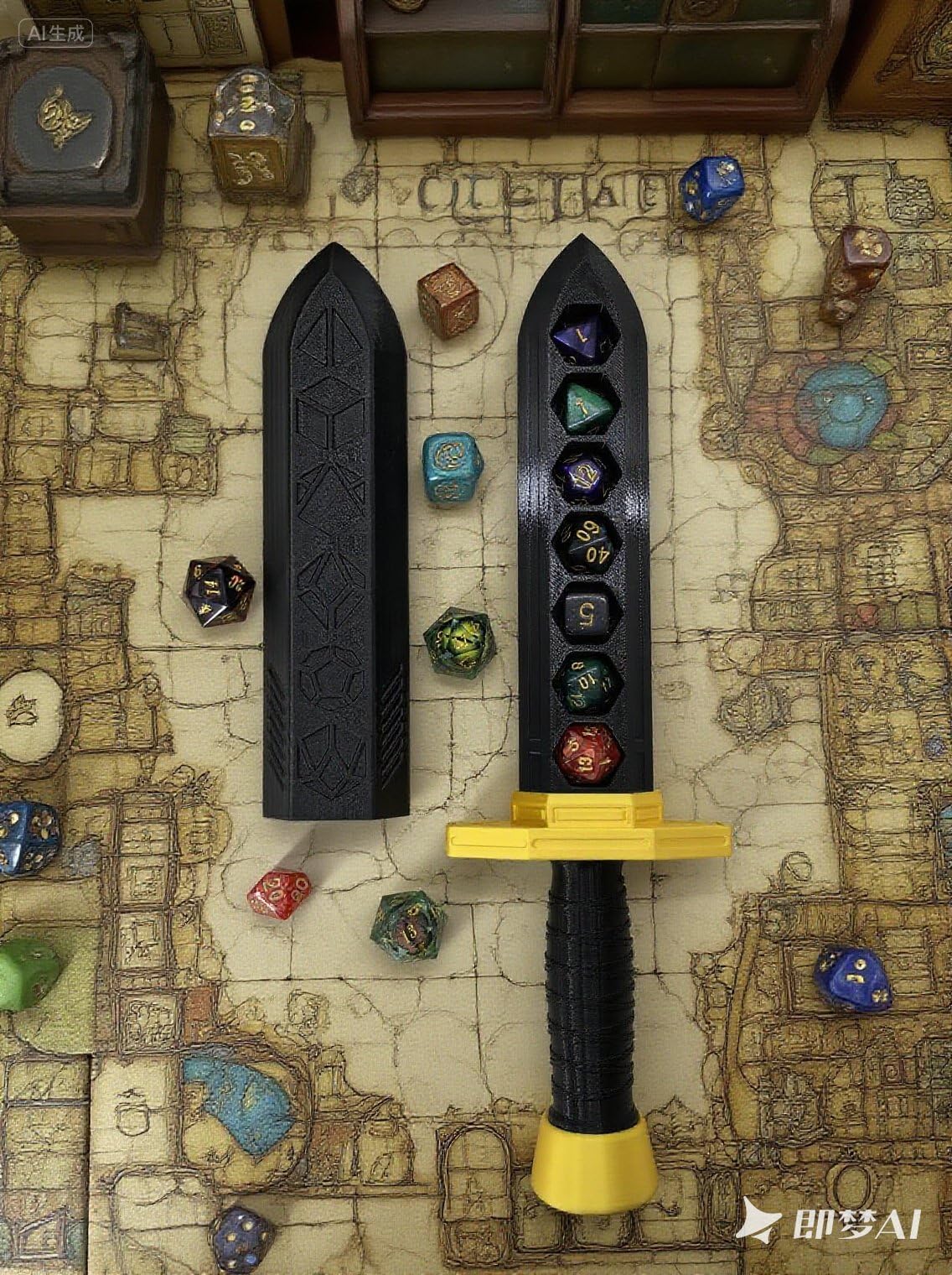 DND Dice Tower with Holder Box – Medieval 3D Printed Dice Jail for RPG Games (Includes Random 7-Piece D20 Set) Black & Black & Gold