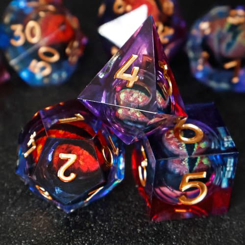 DND Liquid Core Dragon Eye Dice Set – Resin Sharp Edge Polyhedral Dice with Box for RPG Games