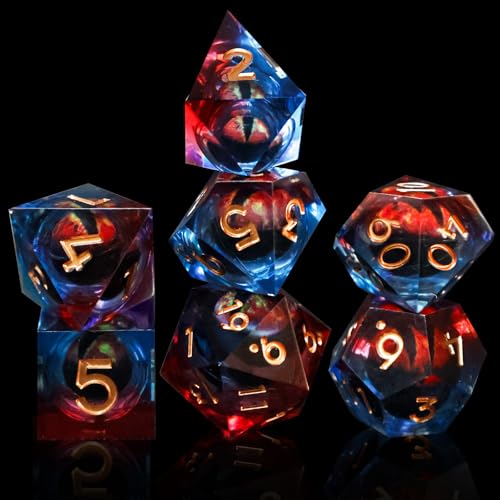 DND Liquid Core Dragon Eye Dice Set – Resin Sharp Edge Polyhedral Dice with Box for RPG Games