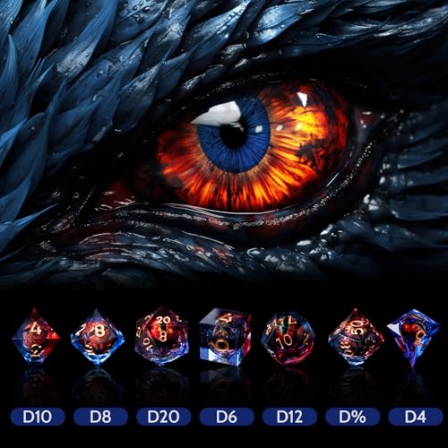 DND Liquid Core Dragon Eye Dice Set – Resin Sharp Edge Polyhedral Dice with Box for RPG Games