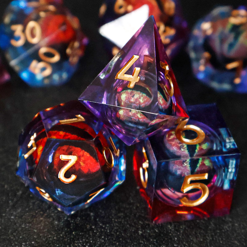 DND Liquid Core Dragon Eye Dice Set – Resin Sharp Edge Polyhedral Dice with Box for RPG Games