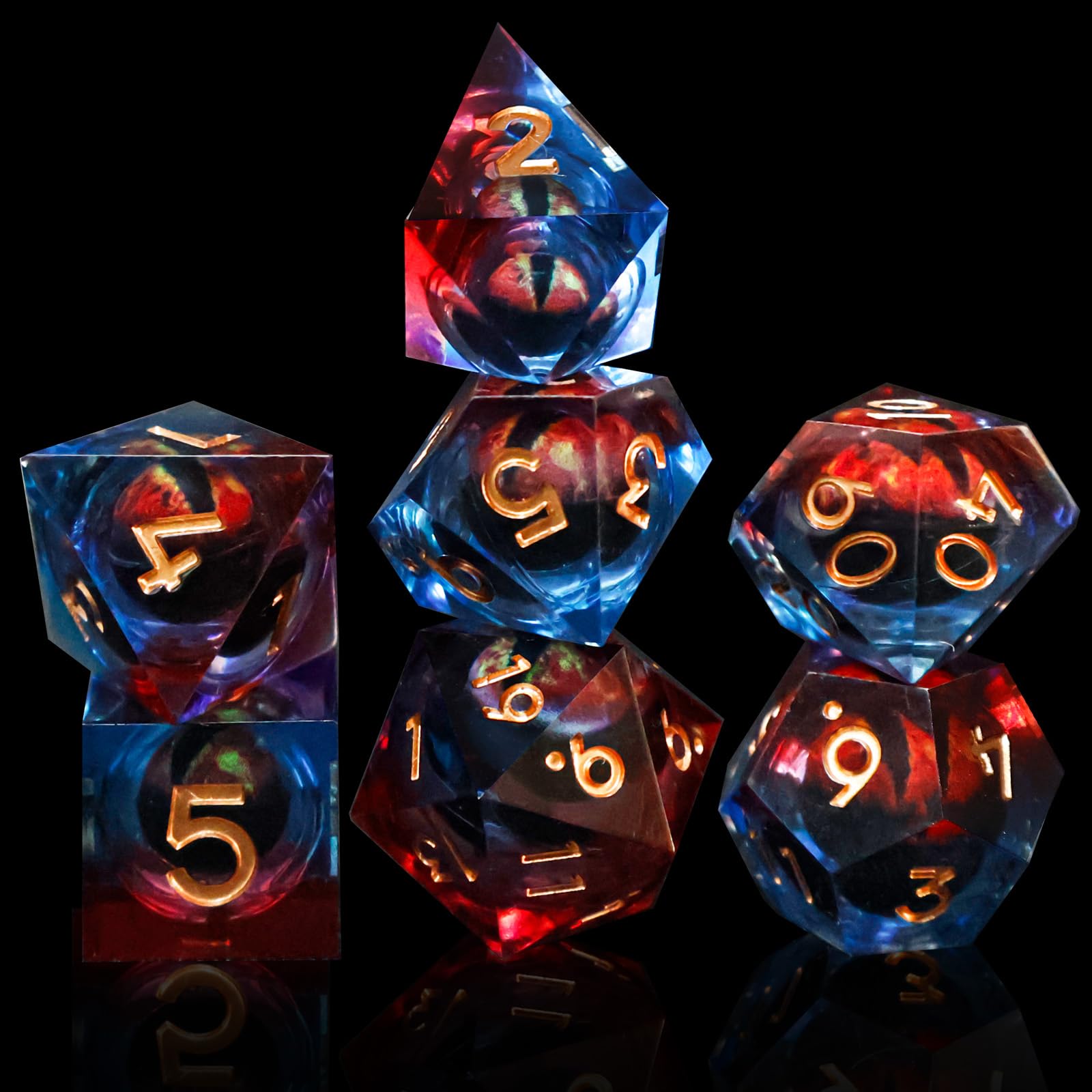DND Liquid Core Dragon Eye Dice Set – Resin Sharp Edge Polyhedral Dice with Box for RPG Games
