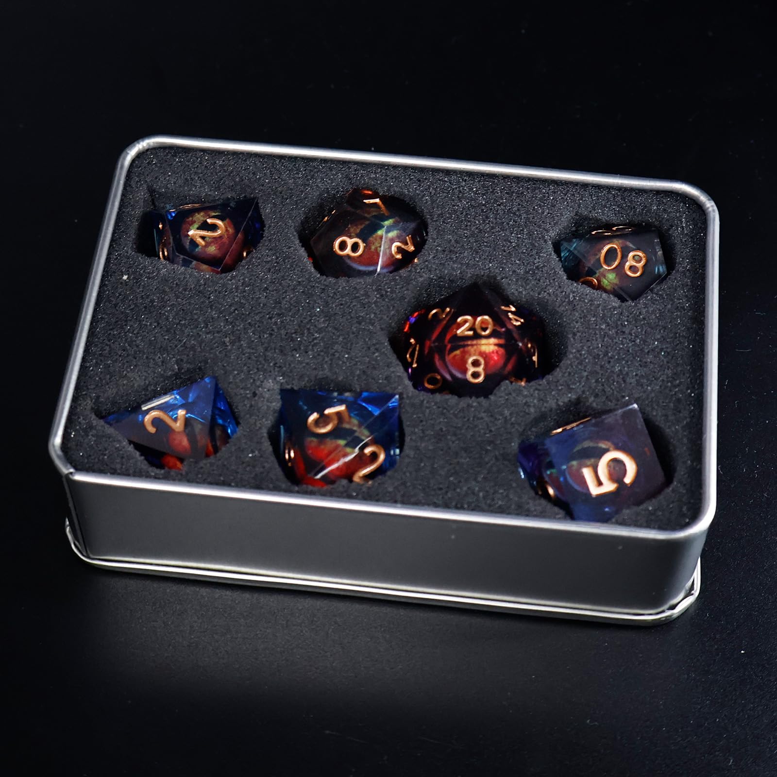 DND Liquid Core Dragon Eye Dice Set – Resin Sharp Edge Polyhedral Dice with Box for RPG Games