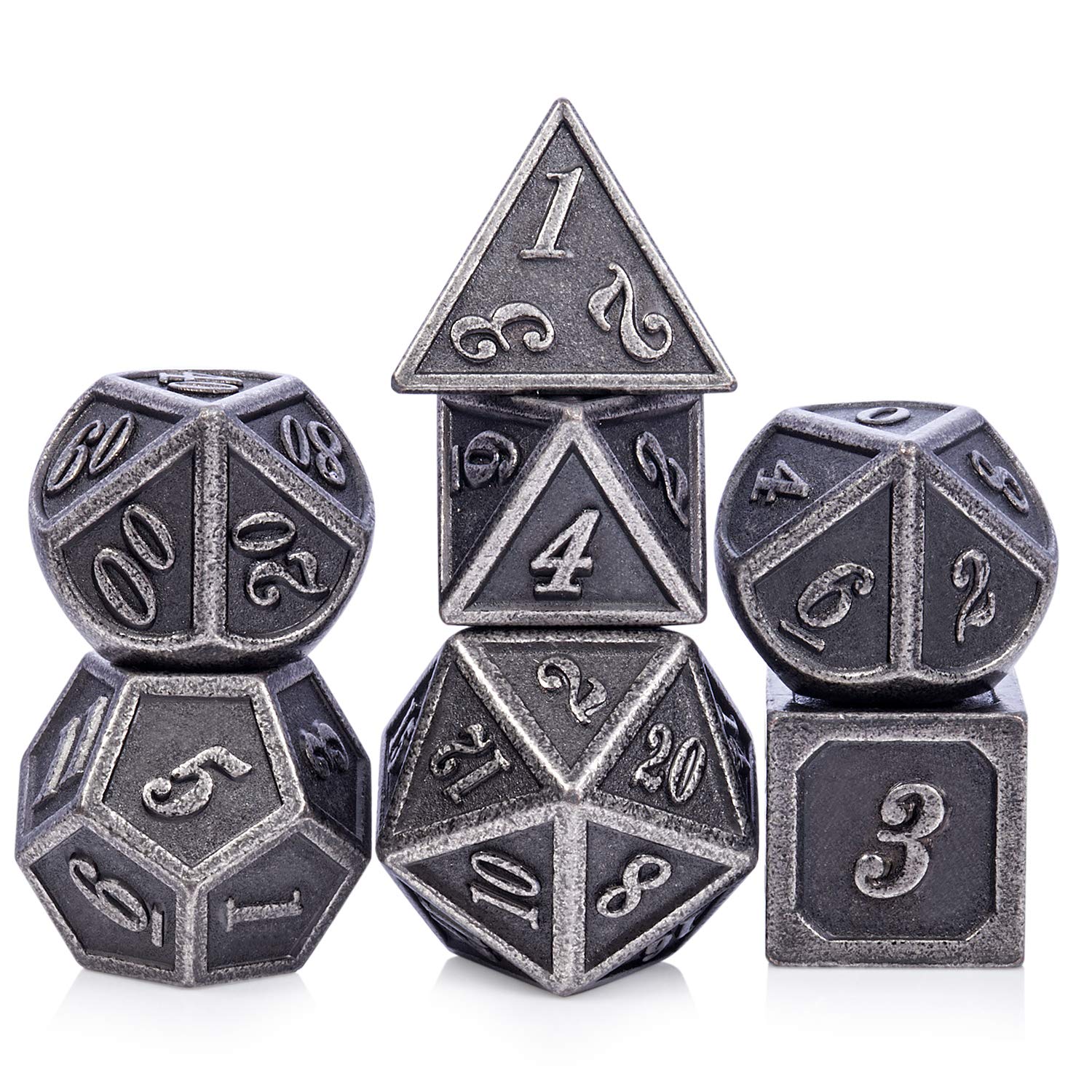 DnDnD 7-Piece Silver Metal Dice Set for D&D and Other RPGs - Includes Metal Case