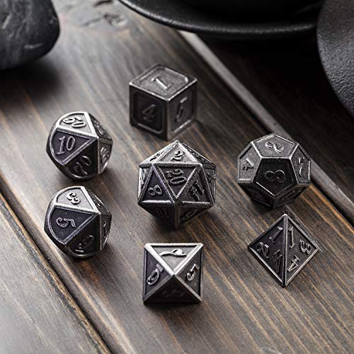 DnDnD 7-Piece Silver Metal Dice Set for D&D and Other RPGs - Includes Metal Case