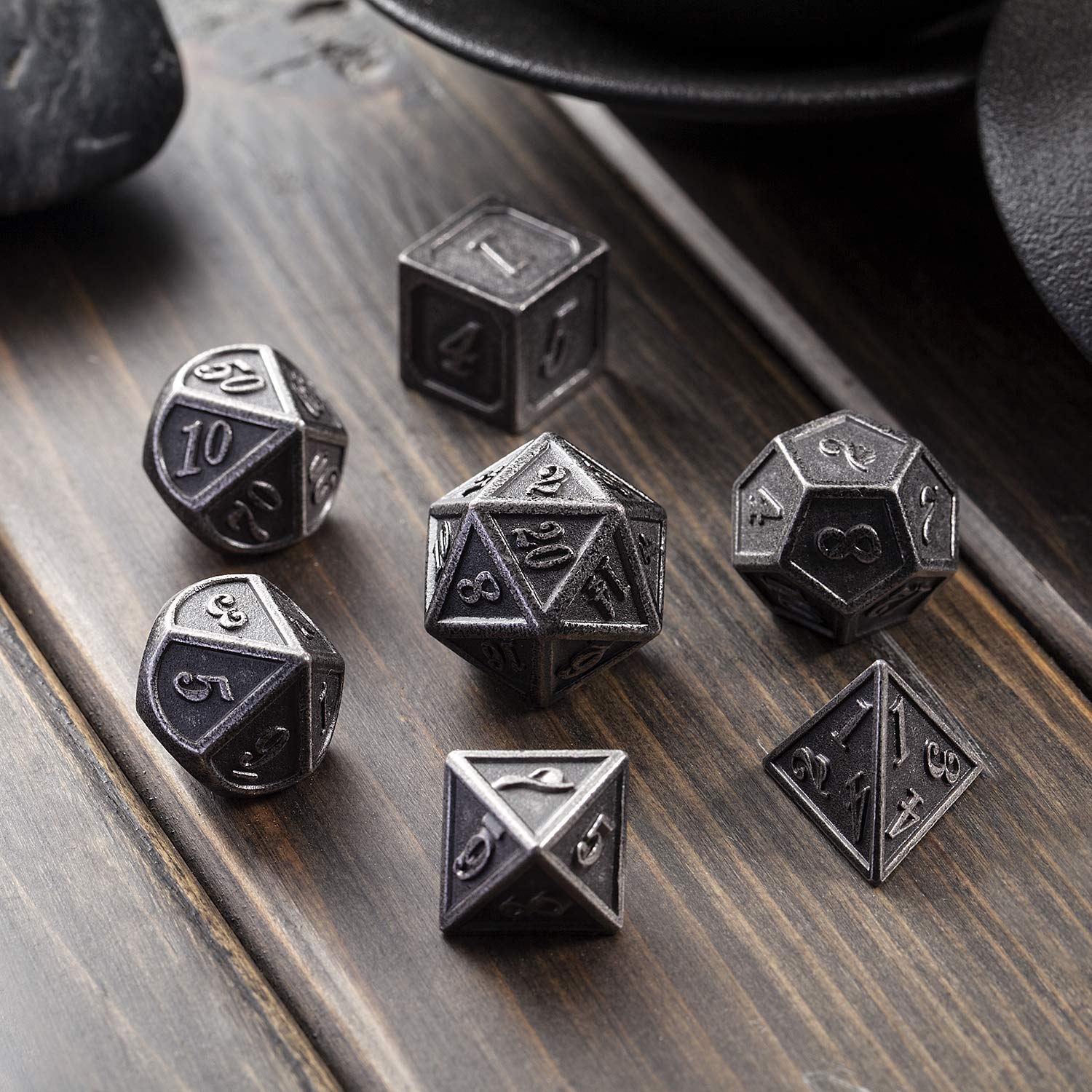 DnDnD 7-Piece Silver Metal Dice Set for D&D and Other RPGs - Includes Metal Case