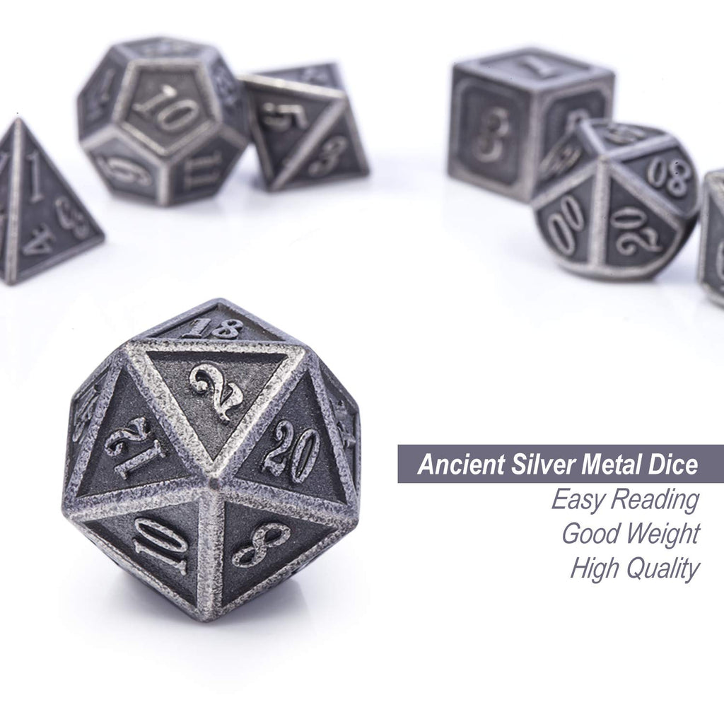 DnDnD 7-Piece Silver Metal Dice Set for D&D and Other RPGs - Includes Metal Case
