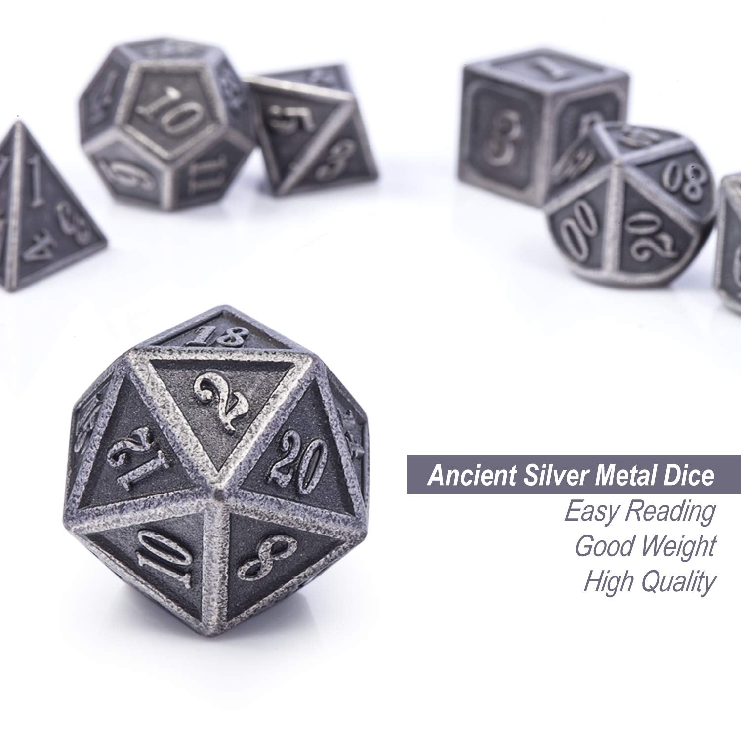 DnDnD 7-Piece Silver Metal Dice Set for D&D and Other RPGs - Includes Metal Case
