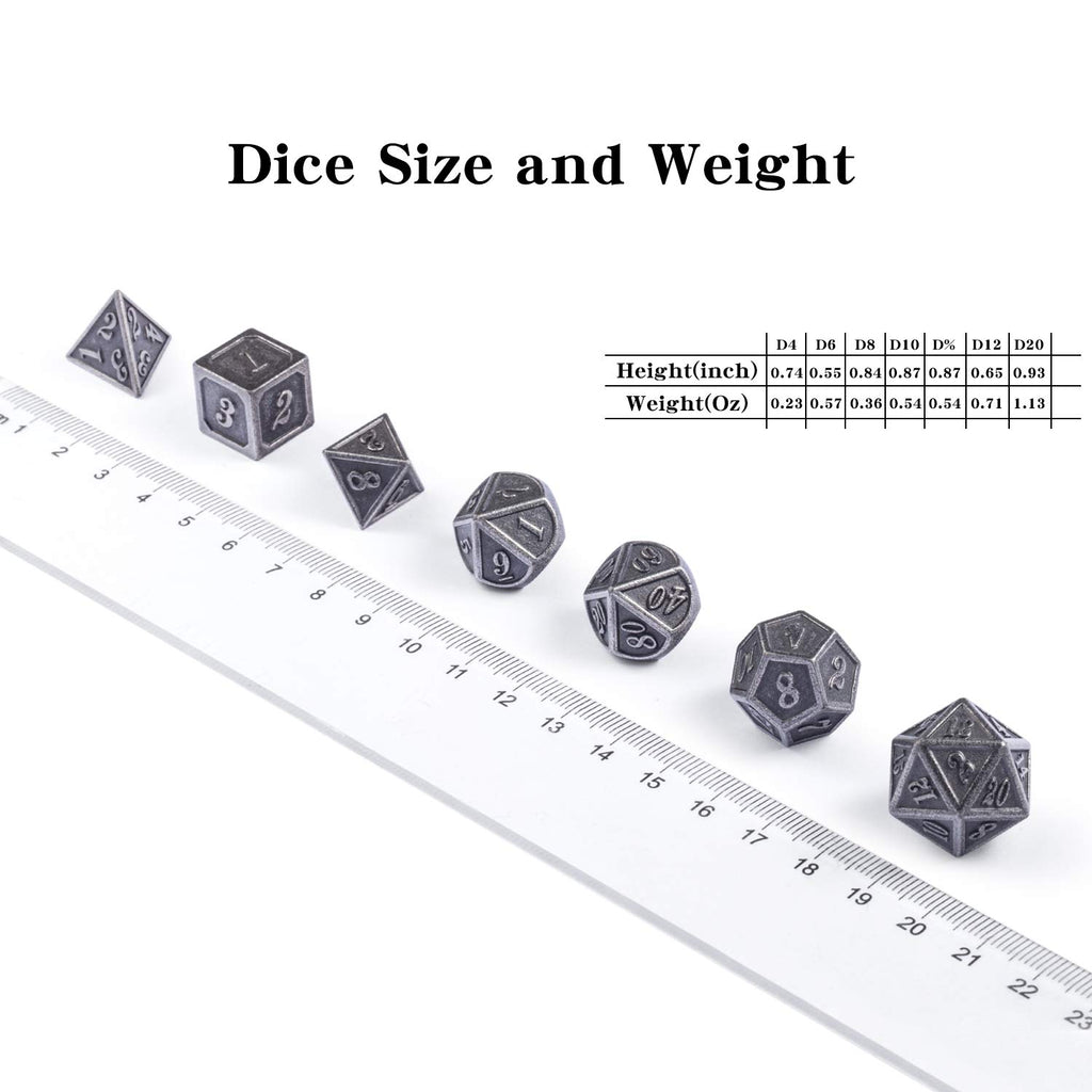 DnDnD 7-Piece Silver Metal Dice Set for D&D and Other RPGs - Includes Metal Case