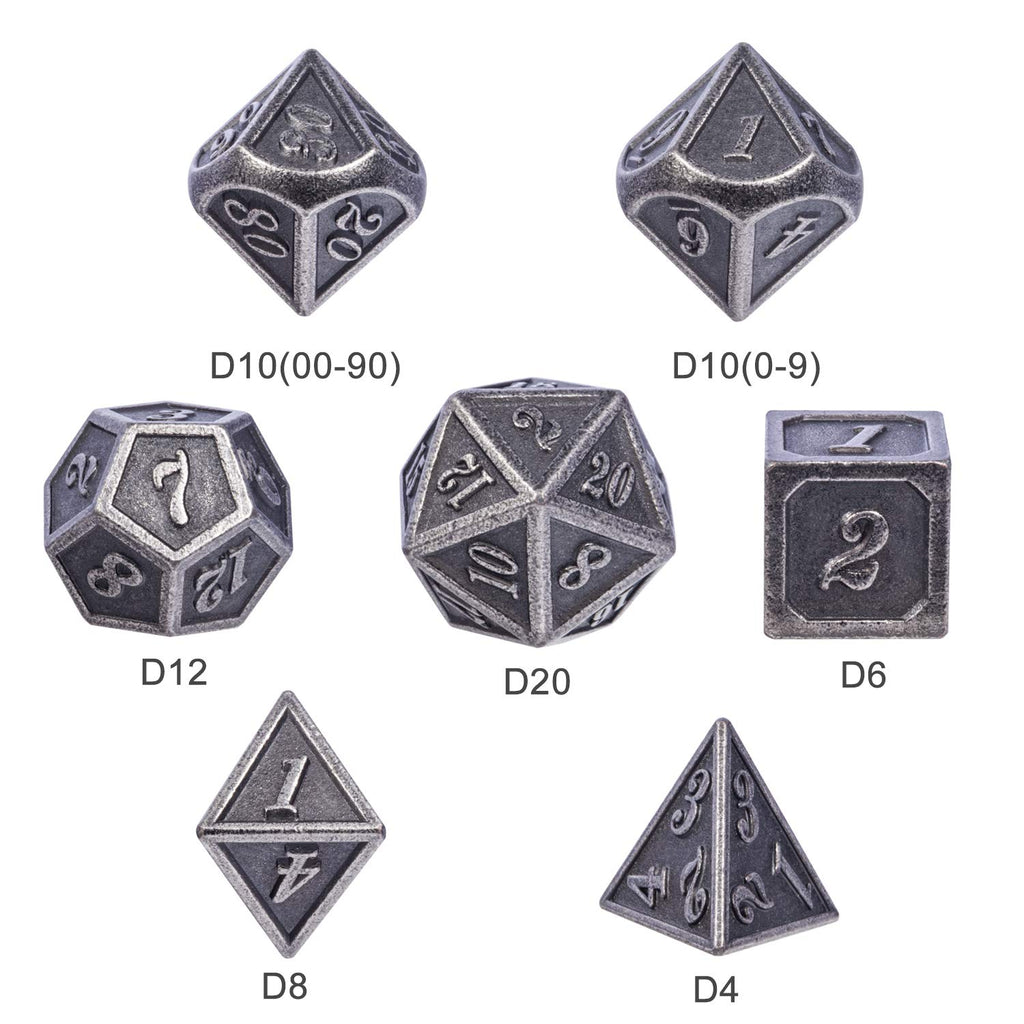 DnDnD 7-Piece Silver Metal Dice Set for D&D and Other RPGs - Includes Metal Case