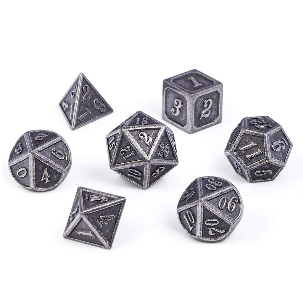 DnDnD 7-Piece Silver Metal Dice Set for D&D and Other RPGs - Includes Metal Case