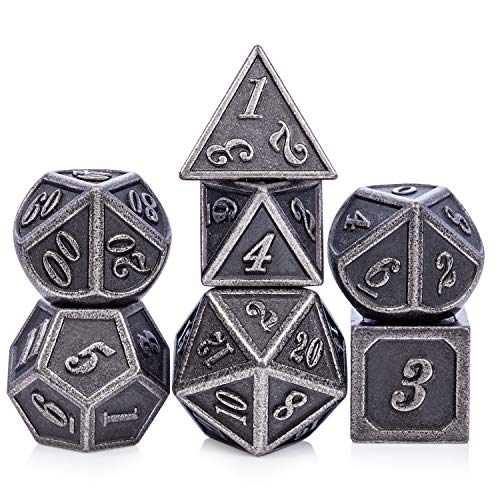 DnDnD 7-Piece Silver Metal Dice Set for D&D and Other RPGs - Includes Metal Case
