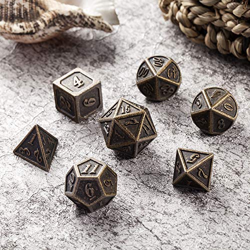 DNDND Ancient Brass 7-Piece Metal Dice Set with Metal Box for D&D and RPGs