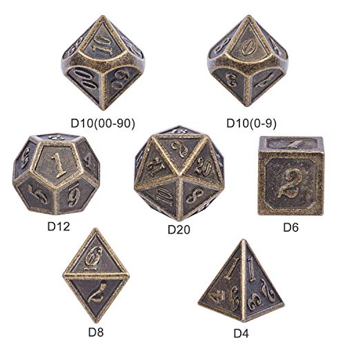 DNDND Ancient Brass 7-Piece Metal Dice Set with Metal Box for D&D and RPGs