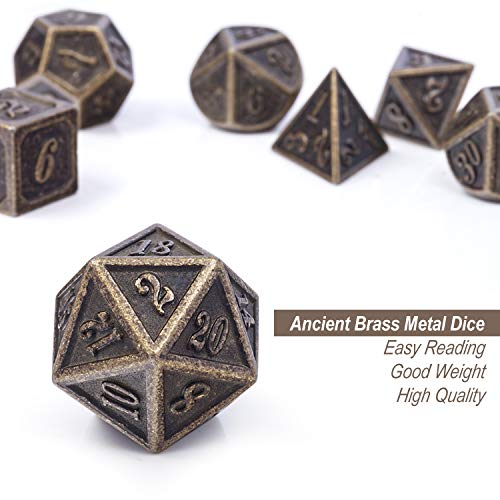 DNDND Ancient Brass 7-Piece Metal Dice Set with Metal Box for D&D and RPGs