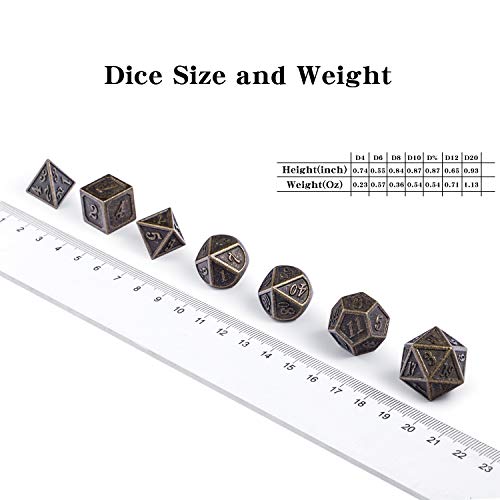 DNDND Ancient Brass 7-Piece Metal Dice Set with Metal Box for D&D and RPGs