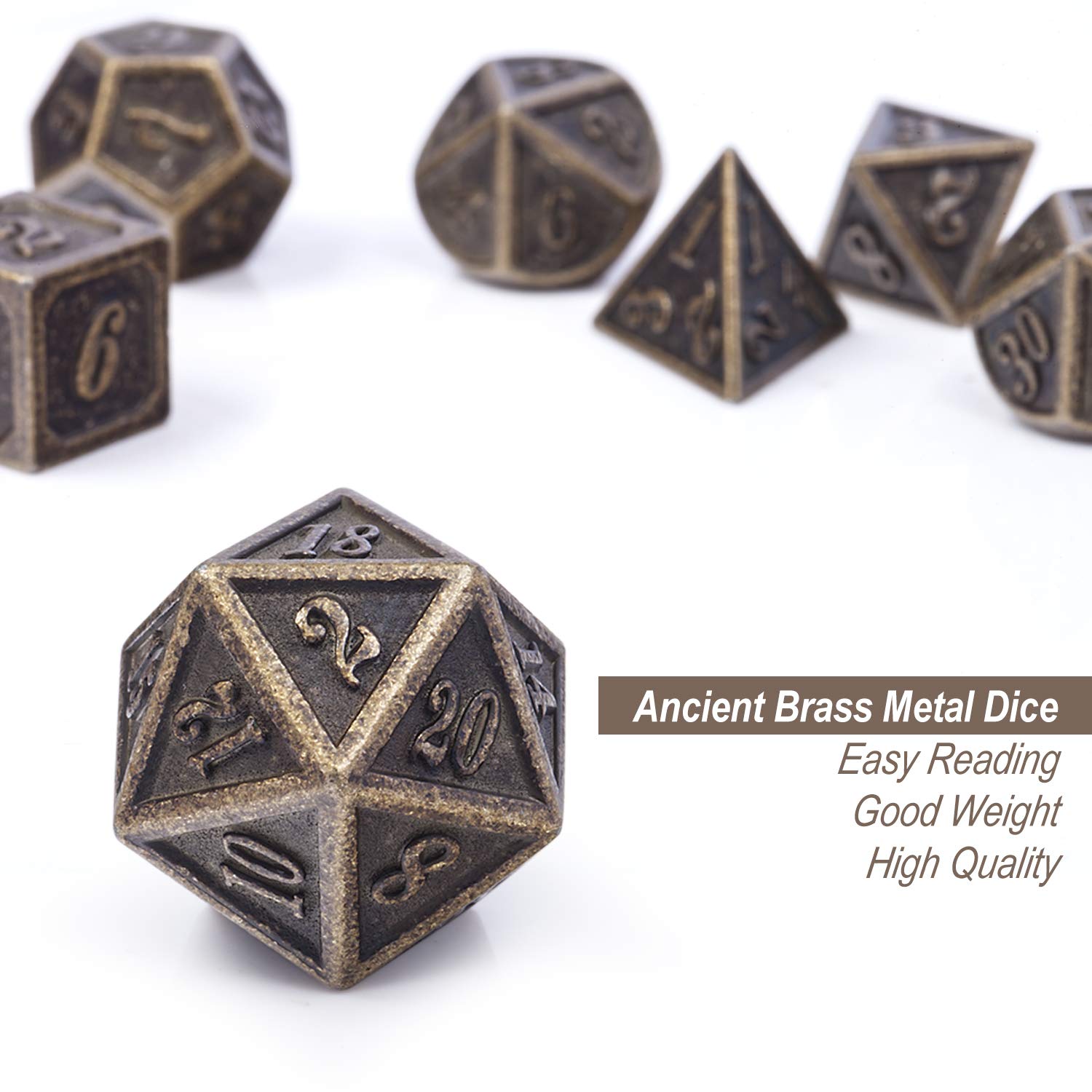 DNDND Ancient Brass 7-Piece Metal Dice Set with Metal Box for D&D and RPGs