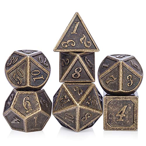 DNDND Ancient Brass 7-Piece Metal Dice Set with Metal Box for D&D and RPGs