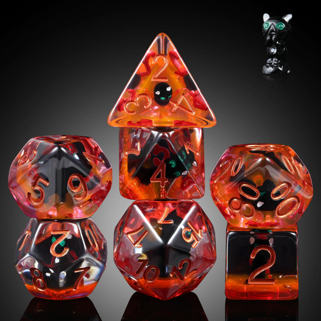 DNDND Black Cat Dice Set - 7 Polyhedral Resin Dice with Velvet Bag for RPGs