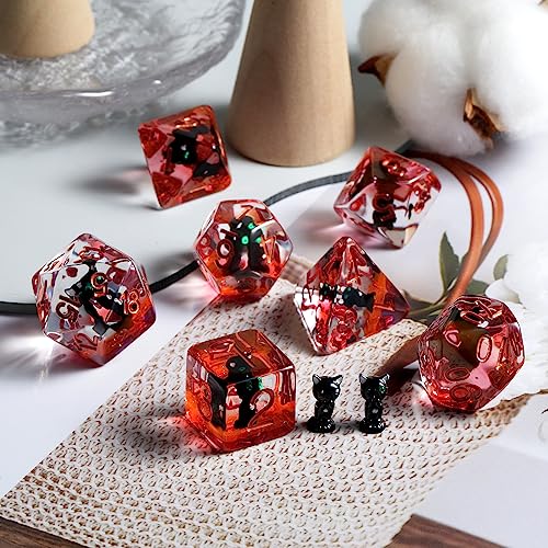 DNDND Black Cat Dice Set - 7 Polyhedral Resin Dice with Velvet Bag for RPGs