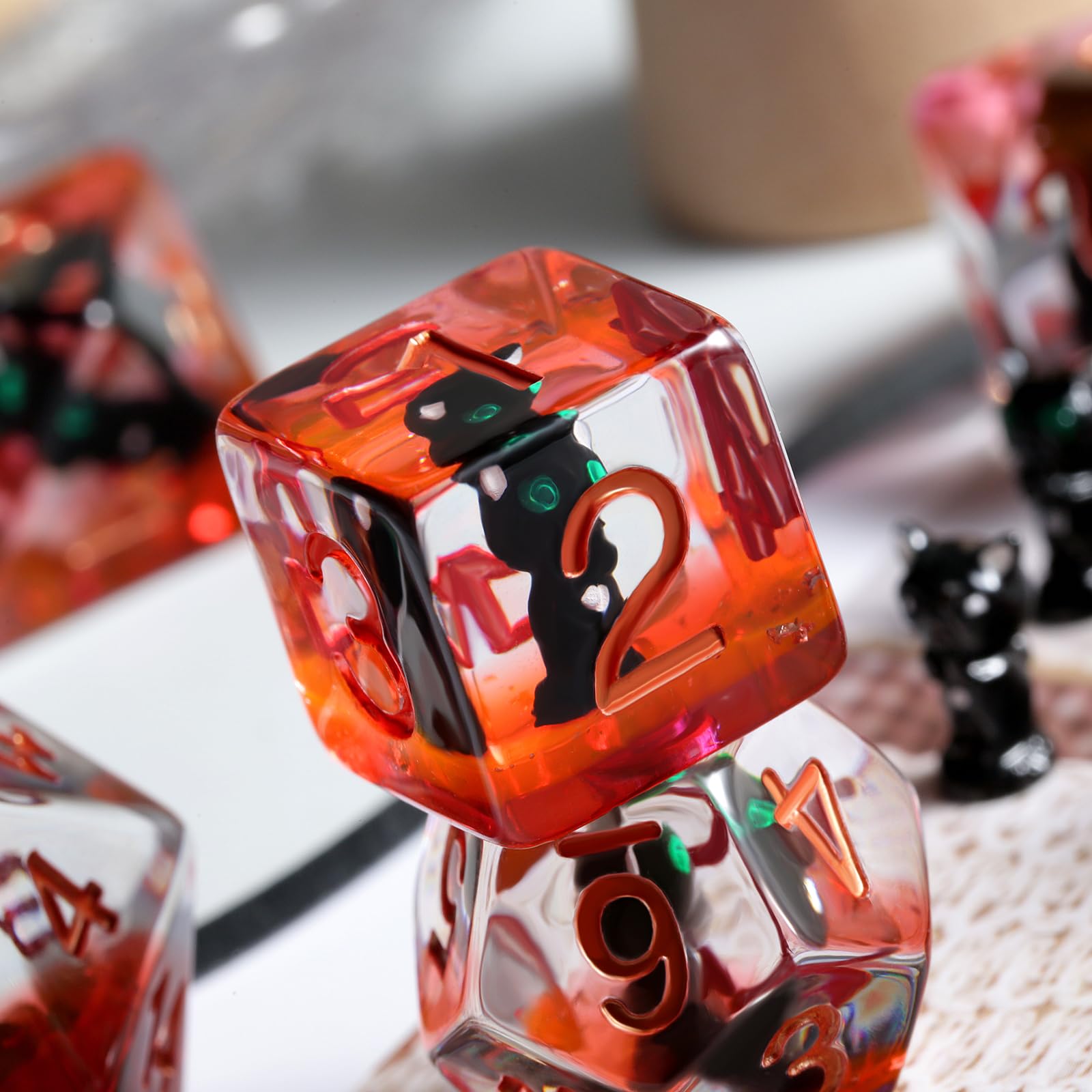 DNDND Black Cat Dice Set - 7 Polyhedral Resin Dice with Velvet Bag for RPGs