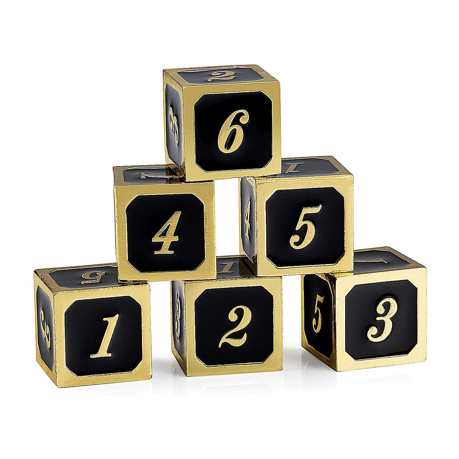 DNDND D6 Metal Dice Set – 6 Zinc Alloy Dice with Gold Numbers & Black Velvet Bag