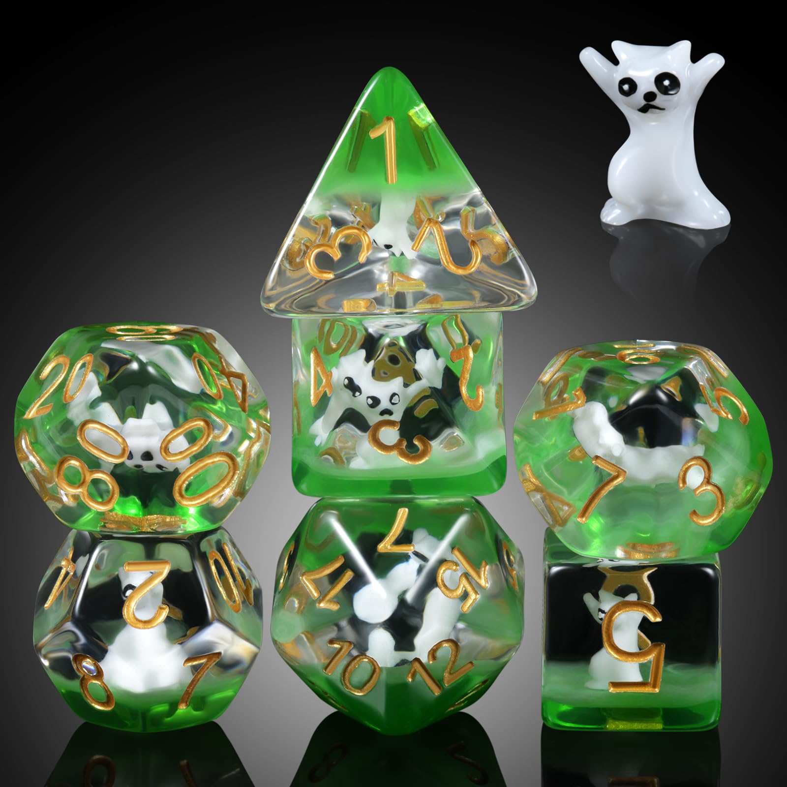 DNDND Enchanting Cat Resin Dice Set – 7-Piece Polyhedral Dice with Velvet Bag for D&D and RPGs