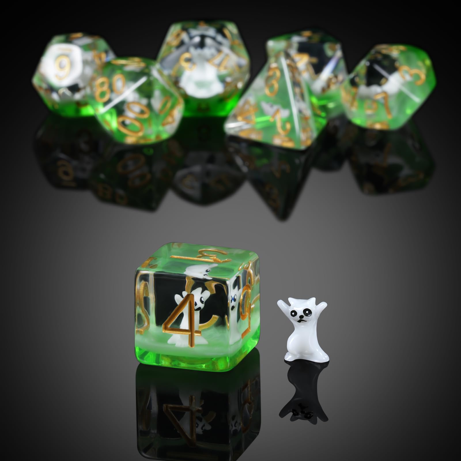 DNDND Enchanting Cat Resin Dice Set – 7-Piece Polyhedral Dice with Velvet Bag for D&D and RPGs