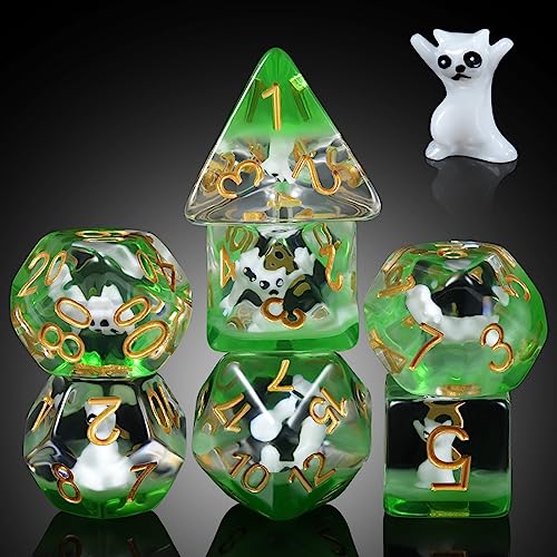 DNDND Enchanting Cat Resin Dice Set – 7-Piece Polyhedral Dice with Velvet Bag for D&D and RPGs