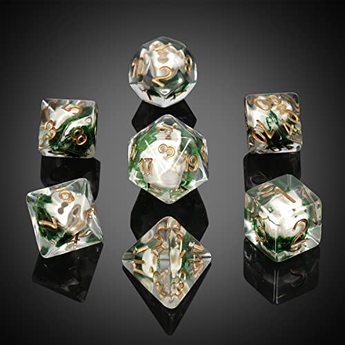 DNDND Skull DND Dice Set – 7 Polyhedral Resin Dice with Gold Numbers and Velvet Pouch for Dungeons & Dragons