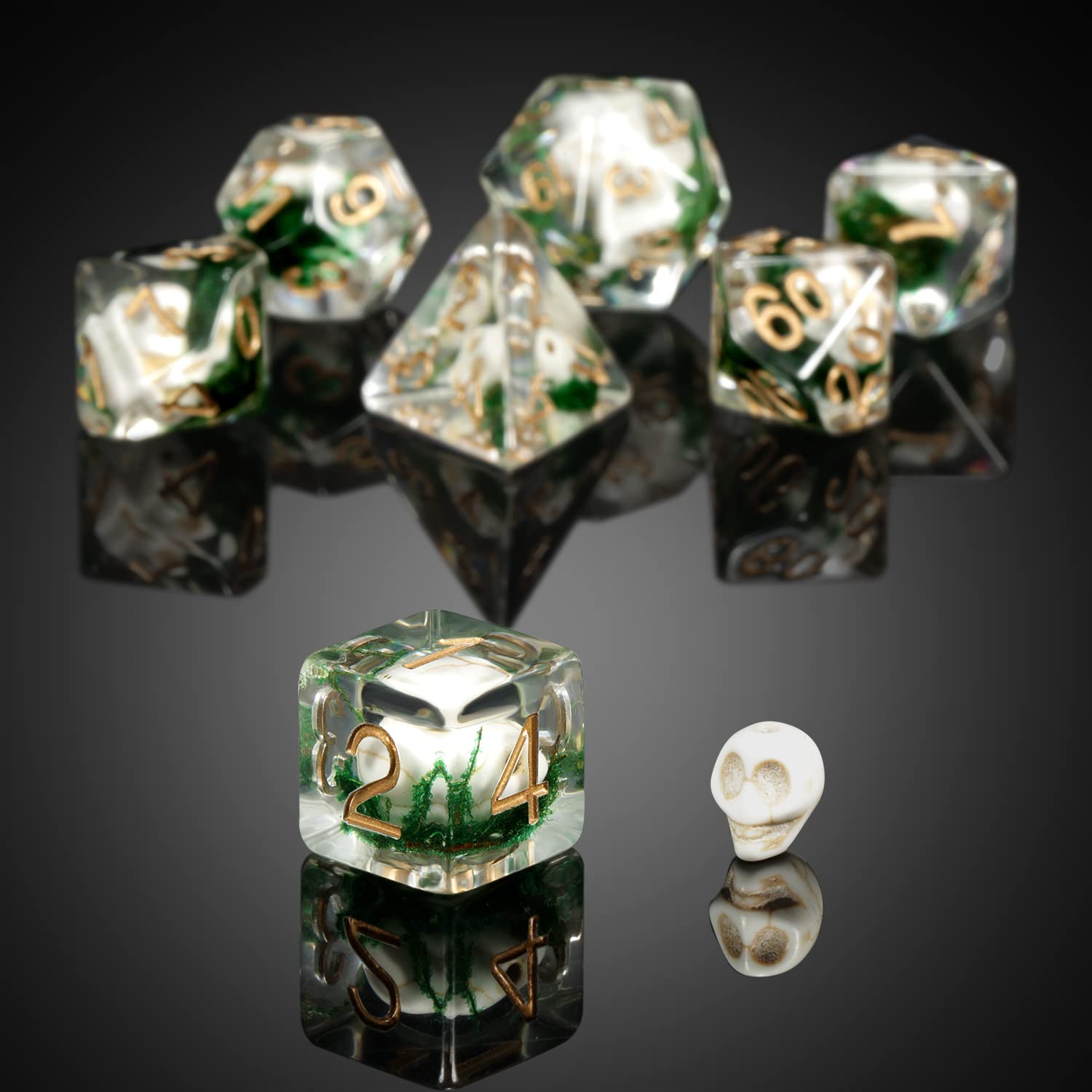 DNDND Skull DND Dice Set – 7 Polyhedral Resin Dice with Gold Numbers and Velvet Pouch for Dungeons & Dragons