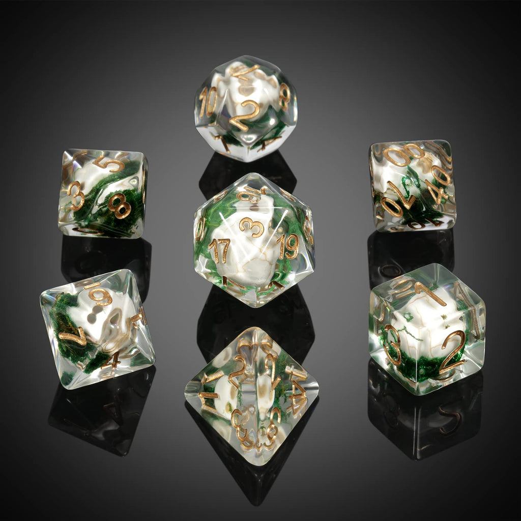 DNDND Skull DND Dice Set – 7 Polyhedral Resin Dice with Gold Numbers and Velvet Pouch for Dungeons & Dragons
