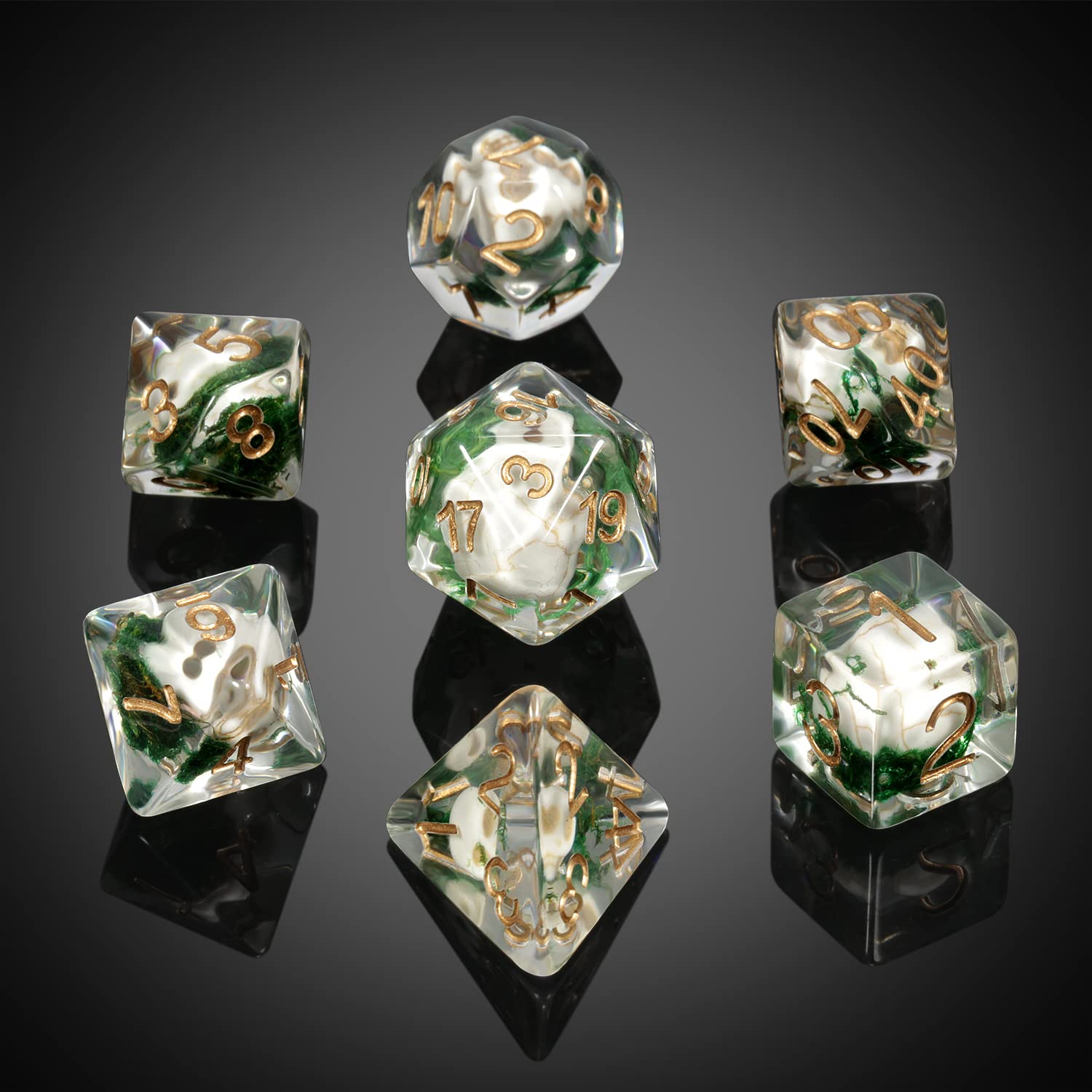 DNDND Skull DND Dice Set – 7 Polyhedral Resin Dice with Gold Numbers and Velvet Pouch for Dungeons & Dragons