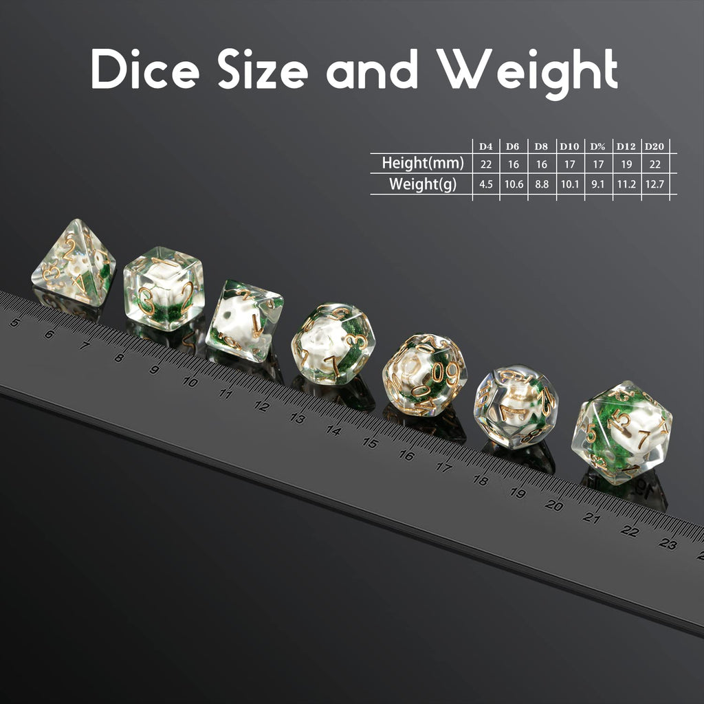 DNDND Skull DND Dice Set – 7 Polyhedral Resin Dice with Gold Numbers and Velvet Pouch for Dungeons & Dragons