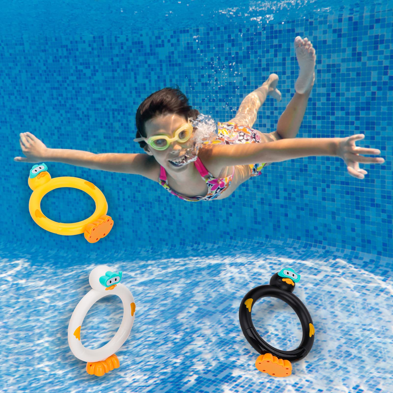 DOADW 3-Pack Diving Pool Toy Duck Rings for Underwater Swimming Practice