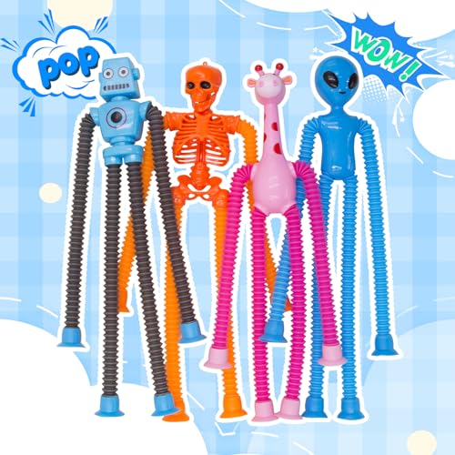 DoDoMagxanadu 8-Pack Pop Tube Fidget Toys: Telescopic Suction Cup Skeleton Robots, Skulls, Giraffes, and Aliens for Sensory Play and Stress Relief