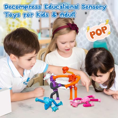 DoDoMagxanadu 8-Pack Pop Tube Fidget Toys: Telescopic Suction Cup Skeleton Robots, Skulls, Giraffes, and Aliens for Sensory Play and Stress Relief