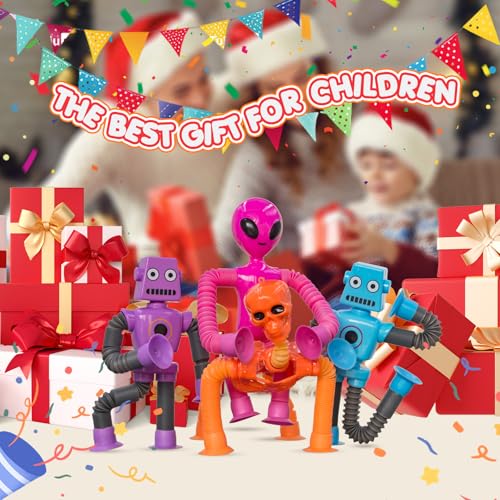 DoDoMagxanadu 8-Pack Pop Tube Fidget Toys: Telescopic Suction Cup Skeleton Robots, Skulls, Giraffes, and Aliens for Sensory Play and Stress Relief