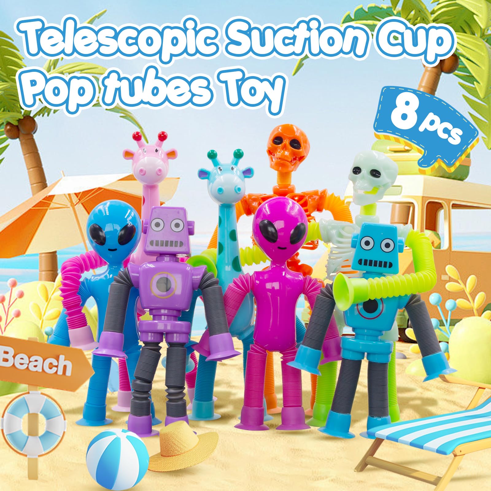 DoDoMagxanadu 8-Pack Pop Tube Fidget Toys: Telescopic Suction Cup Skeleton Robots, Skulls, Giraffes, and Aliens for Sensory Play and Stress Relief