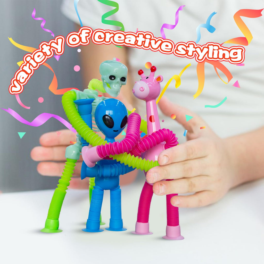 DoDoMagxanadu 8-Pack Pop Tube Fidget Toys: Telescopic Suction Cup Skeleton Robots, Skulls, Giraffes, and Aliens for Sensory Play and Stress Relief