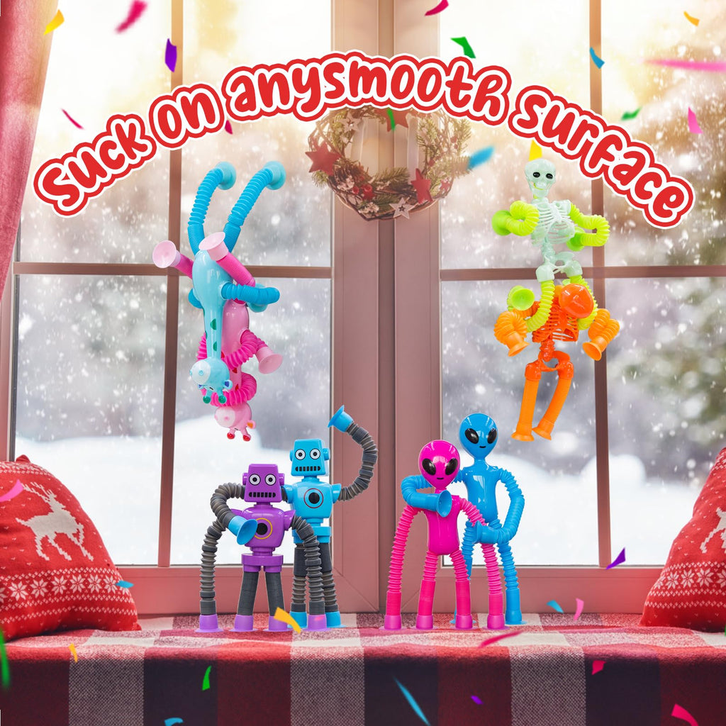 DoDoMagxanadu 8-Pack Pop Tube Fidget Toys: Telescopic Suction Cup Skeleton Robots, Skulls, Giraffes, and Aliens for Sensory Play and Stress Relief