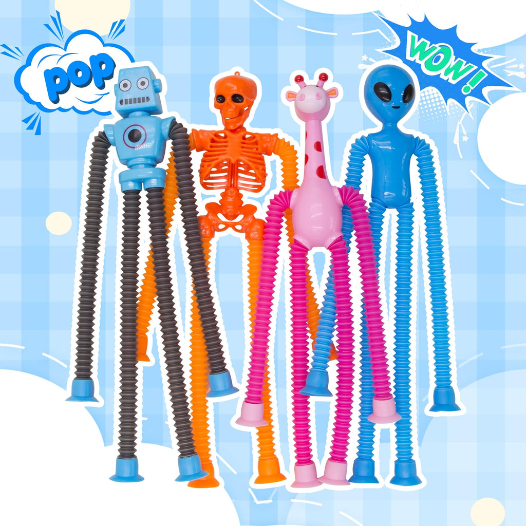 DoDoMagxanadu 8-Pack Pop Tube Fidget Toys: Telescopic Suction Cup Skeleton Robots, Skulls, Giraffes, and Aliens for Sensory Play and Stress Relief